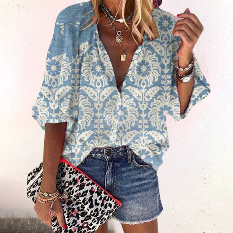 Women's Boho Print V-Neck Long Sleeve Button Down Blouse