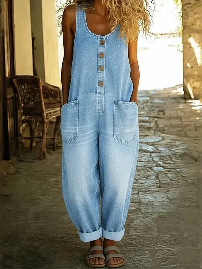 Women's Loose Fit Sleeveless Denim Overalls with Pockets