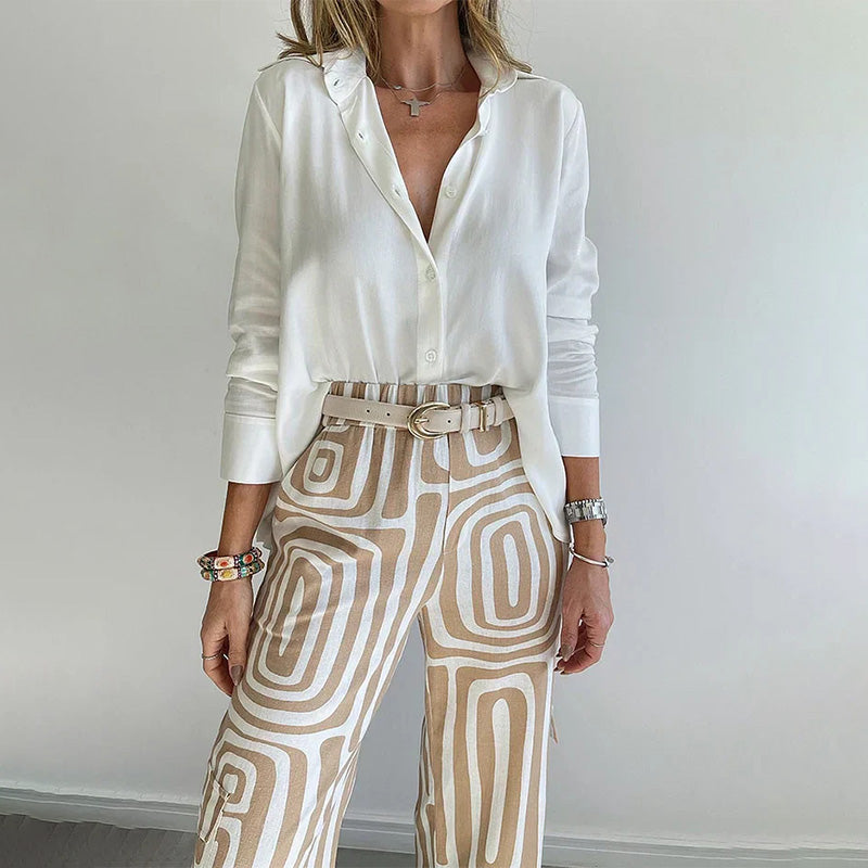 Women's 2 Piece Set Blouse and Printed Wide Leg Pants