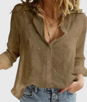 Women's Linen Button Down Shirt with Lapel Collar and Curved Hem