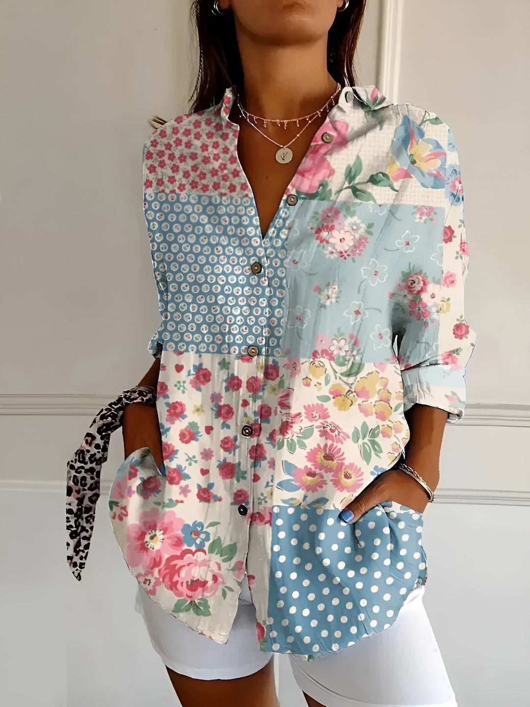 Women's Floral Print Button Front Blouse Long Sleeve