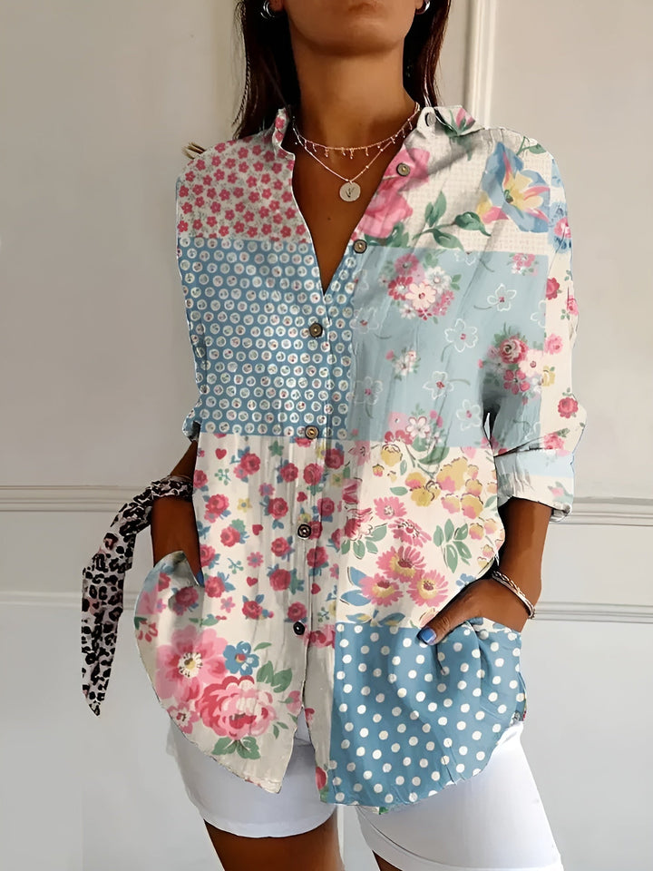Women's Floral Print Button Front Blouse Long Sleeve