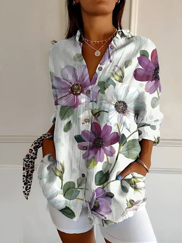 Women's Floral Print Button Front Blouse Long Sleeve