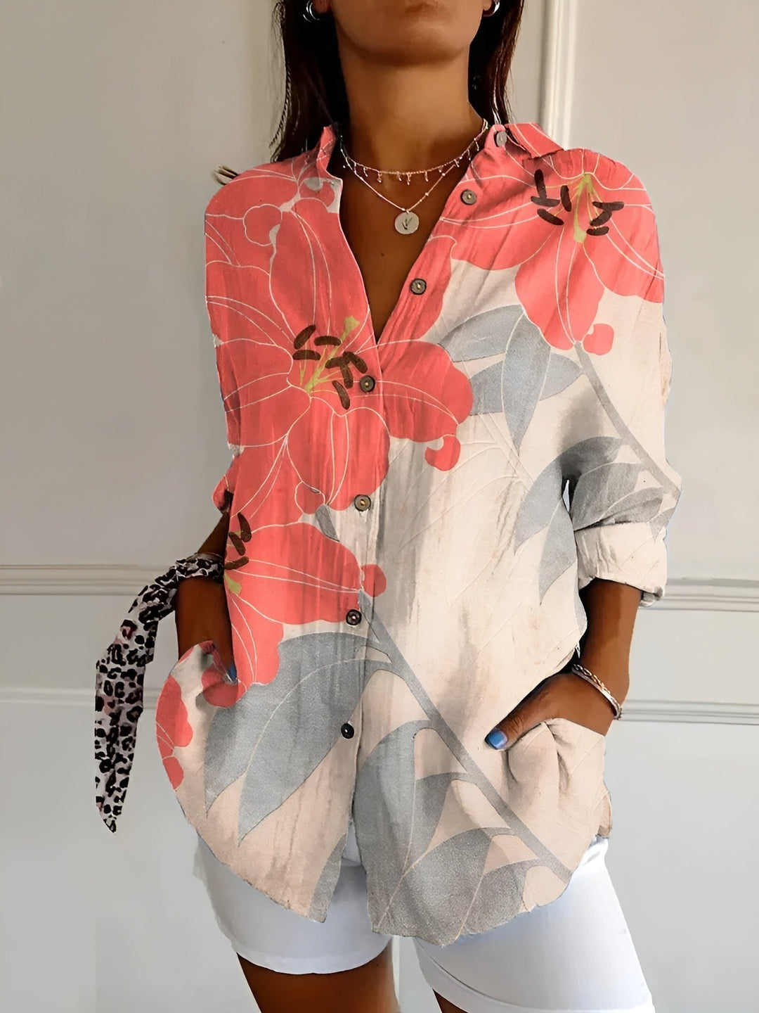Women's Floral Print Button Front Blouse Long Sleeve