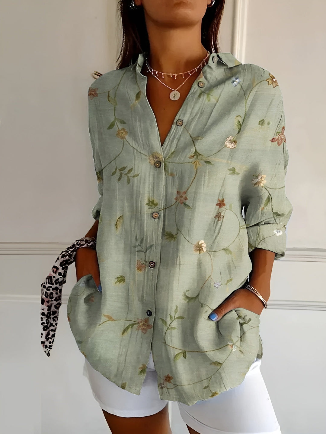Women's Floral Print Button Front Blouse Long Sleeve