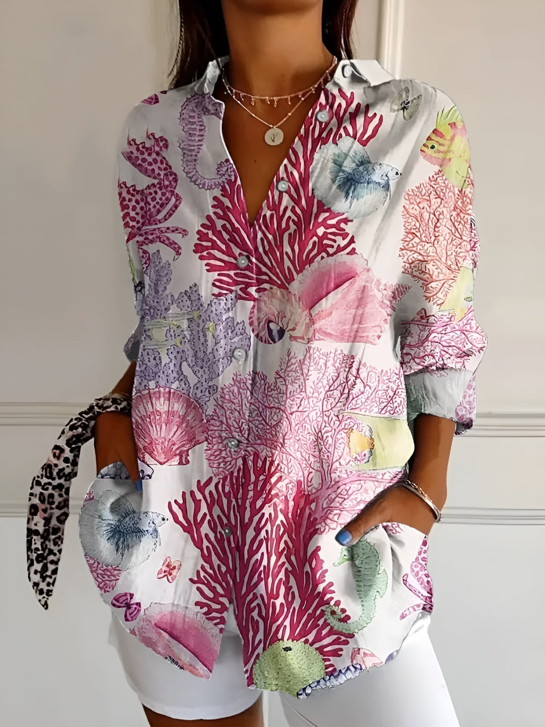 Women's Floral Print Button Front Blouse Long Sleeve
