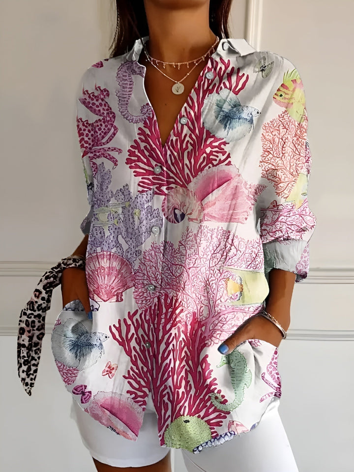 Women's Floral Print Button Front Blouse Long Sleeve