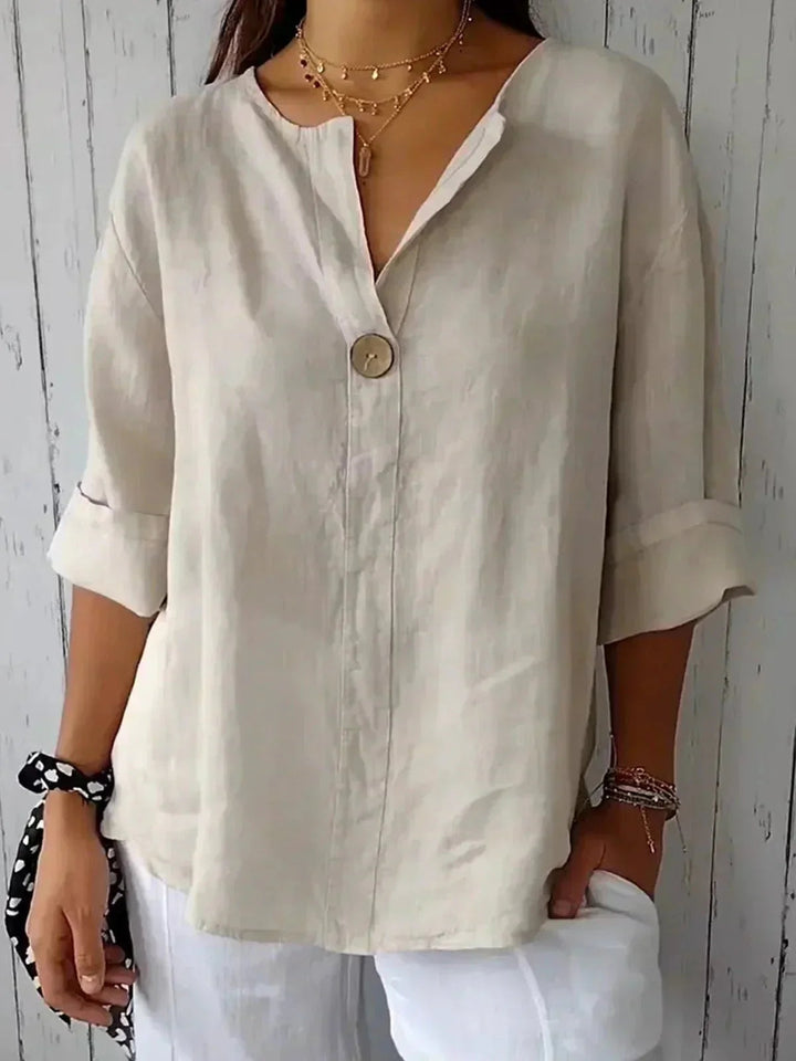 Women's Linen V-Neck Blouse Roll Tab Sleeve Button Top