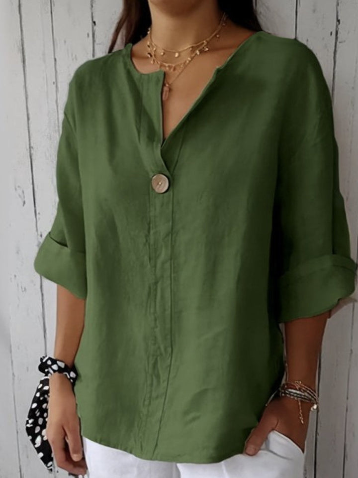 Women's Linen V-Neck Blouse Roll Tab Sleeve Button Top