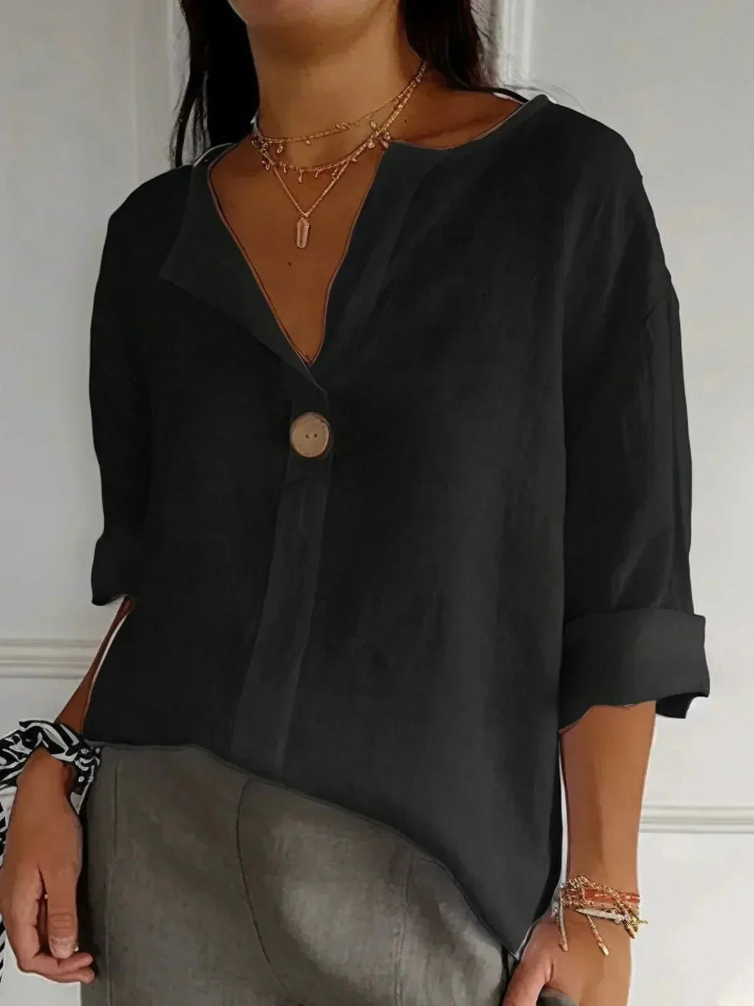 Women's Linen V-Neck Blouse Roll Tab Sleeve Button Top