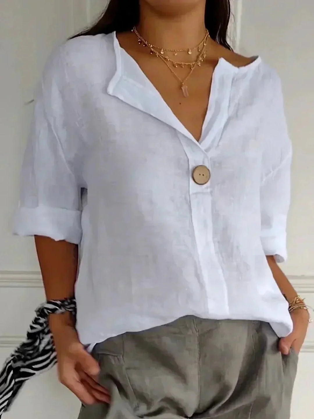 Women's Linen V-Neck Blouse Roll Tab Sleeve Button Top