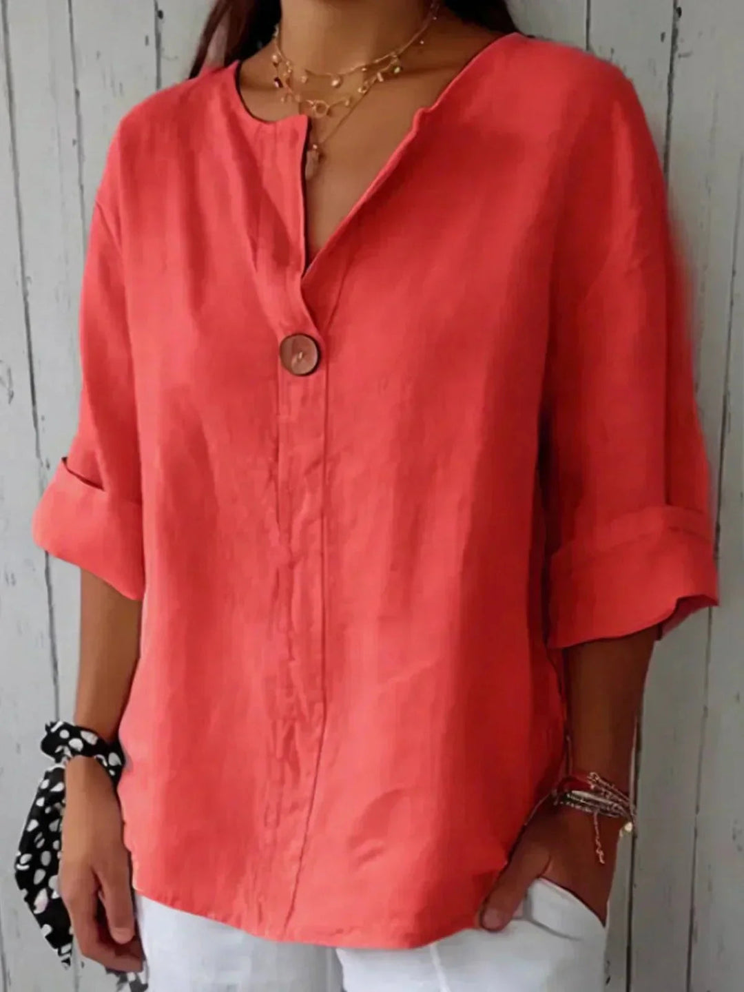 Women's Linen V-Neck Blouse Roll Tab Sleeve Button Top