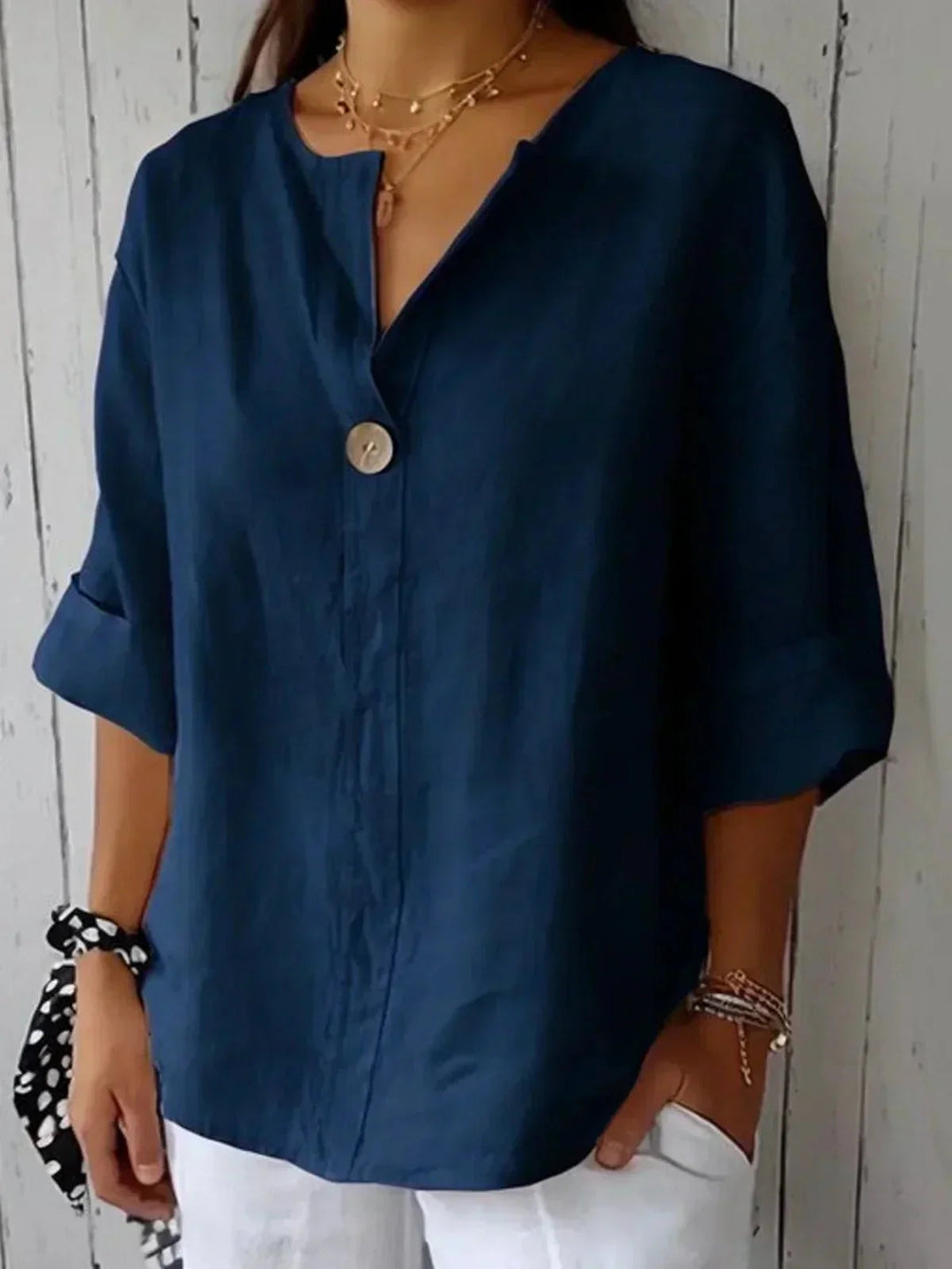 Women's Linen V-Neck Blouse Roll Tab Sleeve Button Top