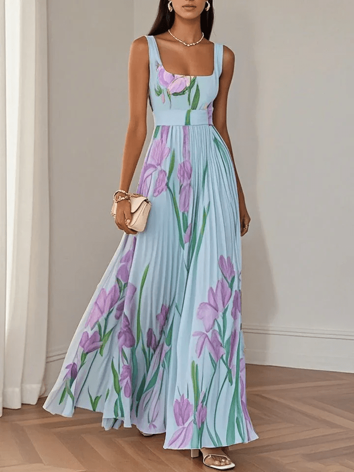 Women's Floral Square Neck Pleated A-Line Maxi Dress