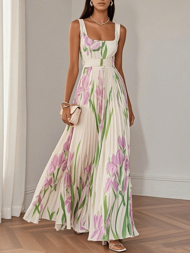 Women's Floral Square Neck Pleated A-Line Maxi Dress