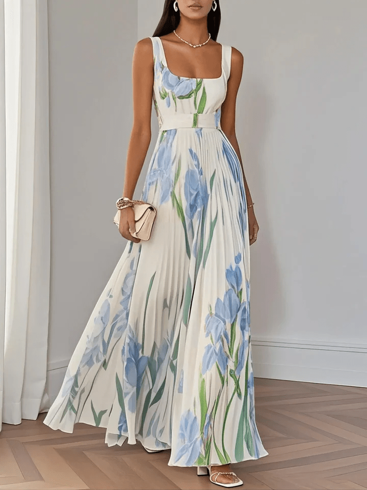 Women's Floral Square Neck Pleated A-Line Maxi Dress