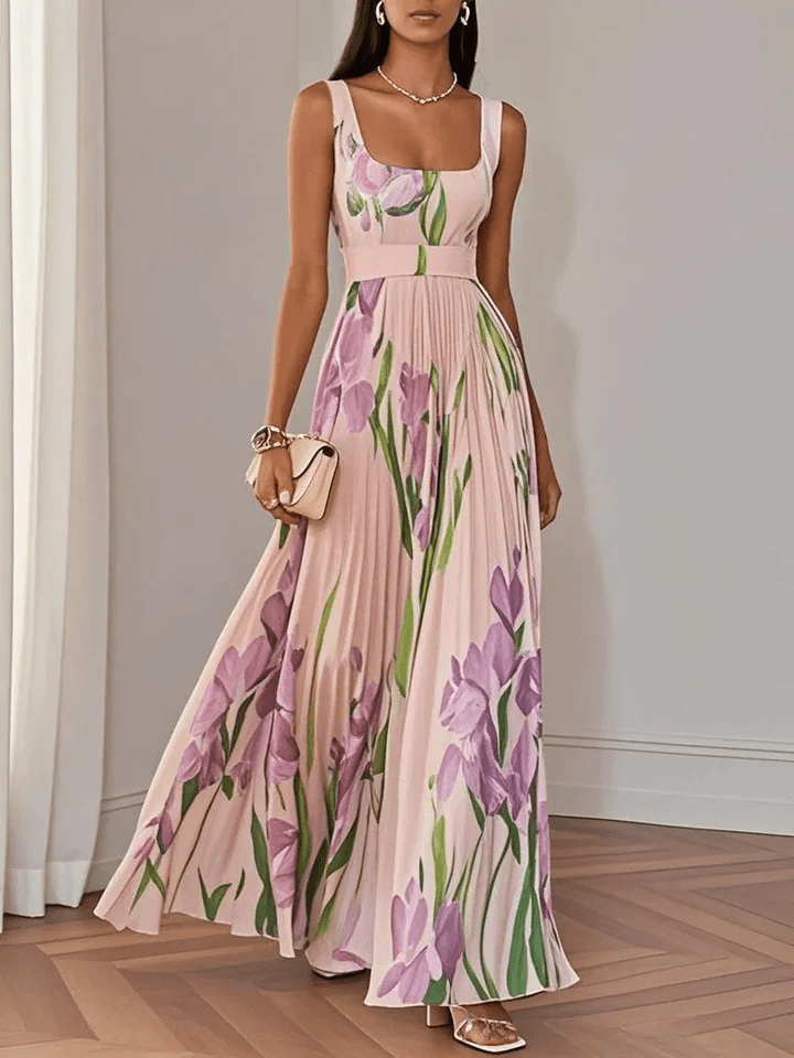 Women's Floral Square Neck Pleated A-Line Maxi Dress