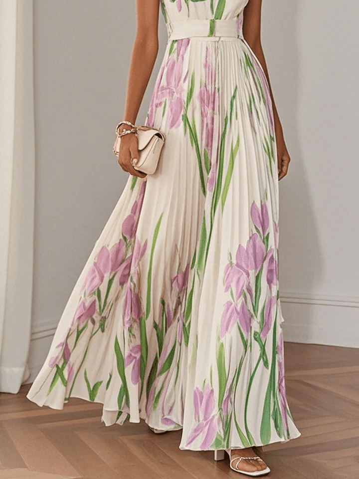 Women's Floral Square Neck Pleated A-Line Maxi Dress