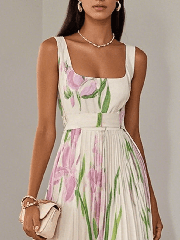 Women's Floral Square Neck Pleated A-Line Maxi Dress