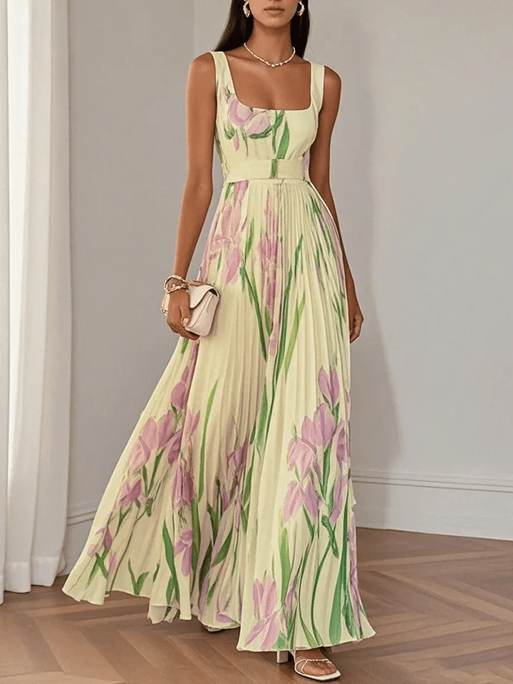 Women's Floral Square Neck Pleated A-Line Maxi Dress