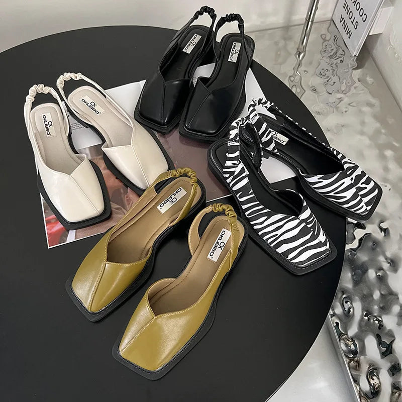 Women's Square Toe Elastic Slingback Flat Sandals