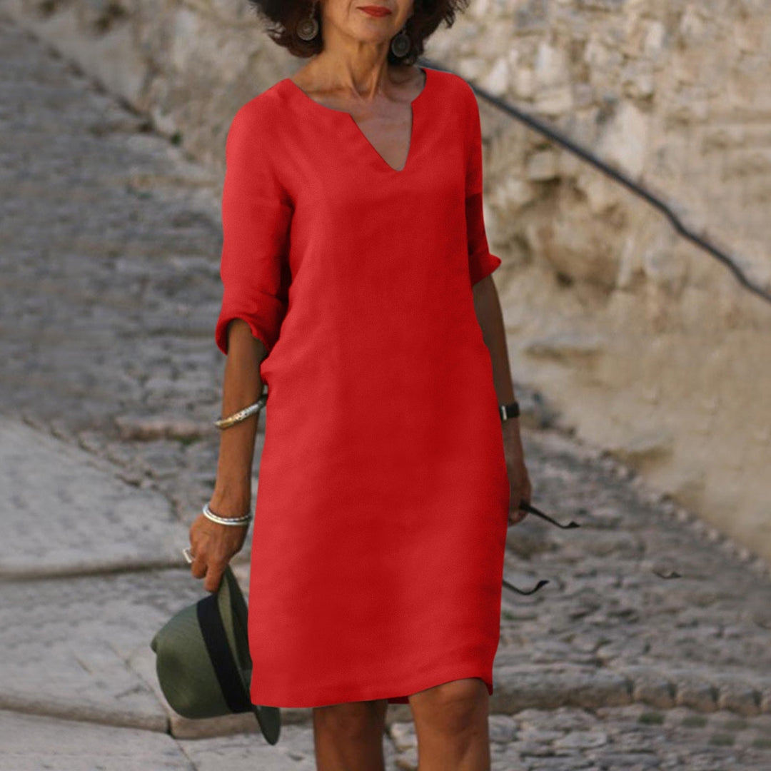 Women's Linen V-Neck Midi Dress 3/4 Sleeve Shift