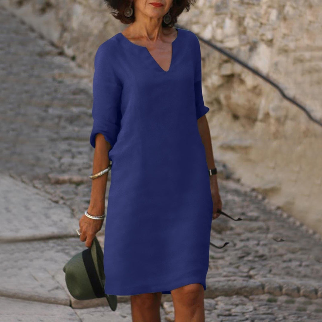 Women's Linen V-Neck Midi Dress 3/4 Sleeve Shift