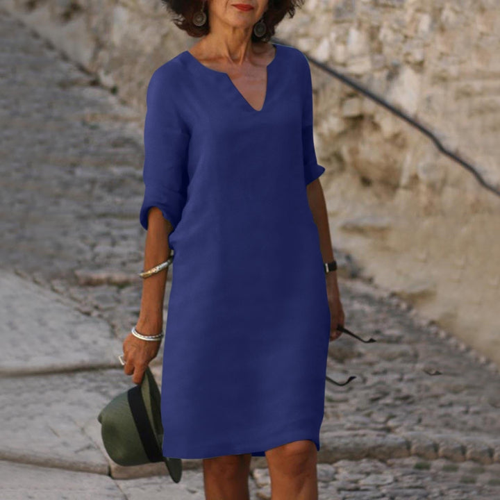 Women's Linen V-Neck Midi Dress 3/4 Sleeve Shift