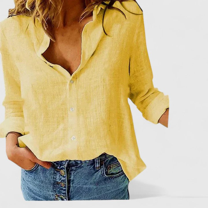 Women's Linen Button Down Shirt with Lapel Collar and Curved Hem